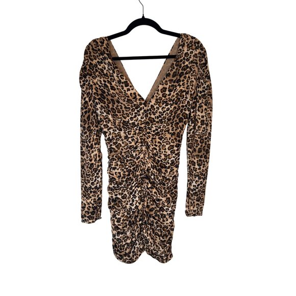 Nicholas Leopard Print Size 2 100% Silk Ruched Mini Dress V-Neck - Picture 11 of 16